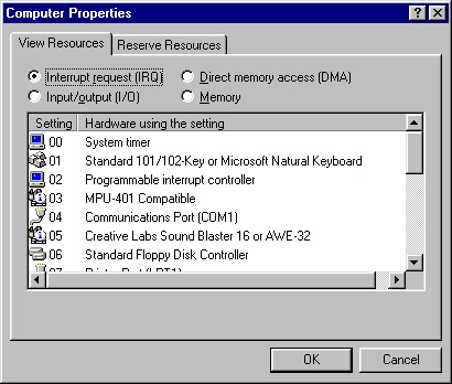 Computer Properties Listed by IRQ