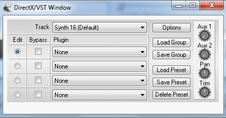 DX/VST window open with no plugins selected.
