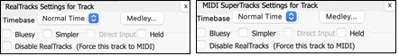 RealTracks/MIDI SuperTracks Settings panels