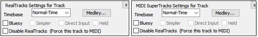 RealTracks/MIDI SuperTracks Settings panels