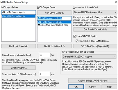 MIDI/Audio Drivers Setup dialog