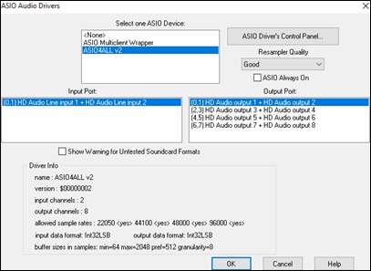 ASIO Audio Drivers dialog