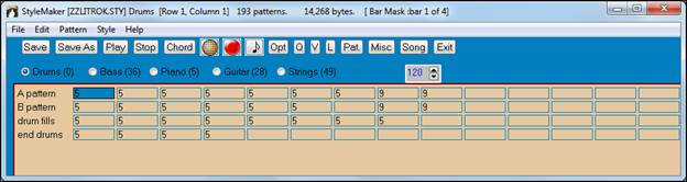 StyleMaker window showing Drums patterns 