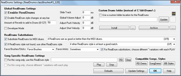 RealDrums Settings dialog 