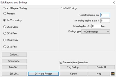 Edit Repeats and Endings dialog