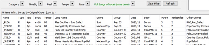 StylePicker filtered to show styles that have full songs with vocals