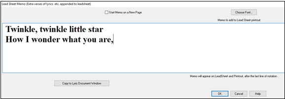 Lead Sheet Memo window