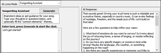AI Lyrics window - Songwriting Assistant