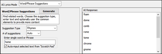 AI Lyrics window - AI Lyircs - Word/Phrase Suggestions
